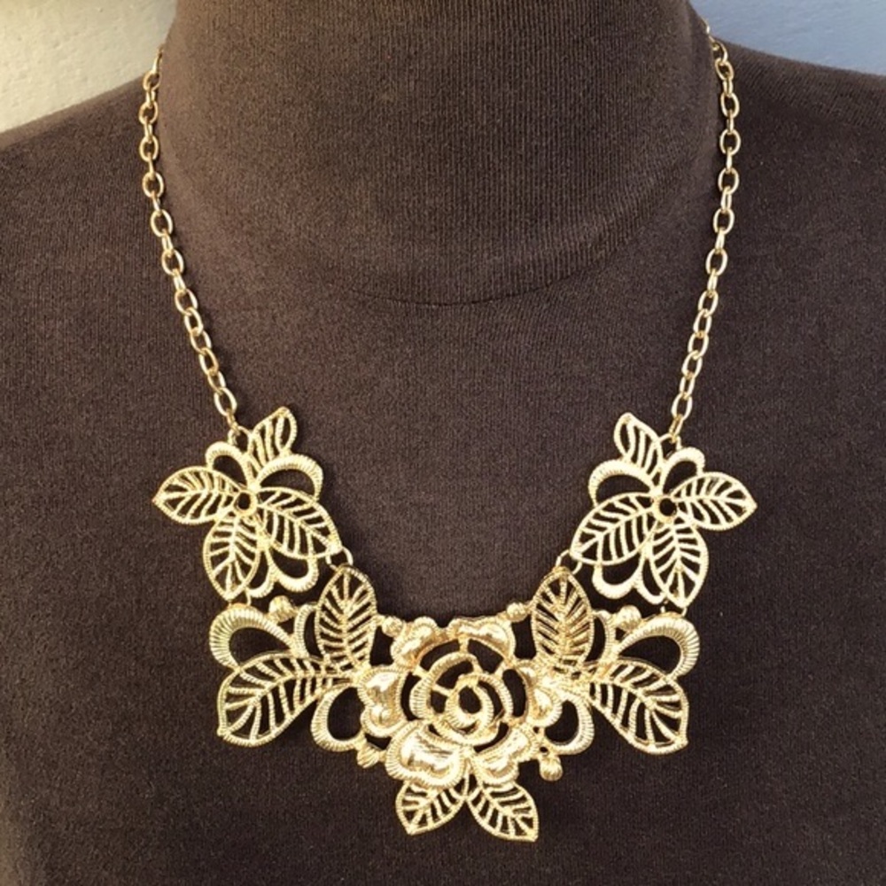 Gold Tone  Floral Statement Necklace w/ Extender